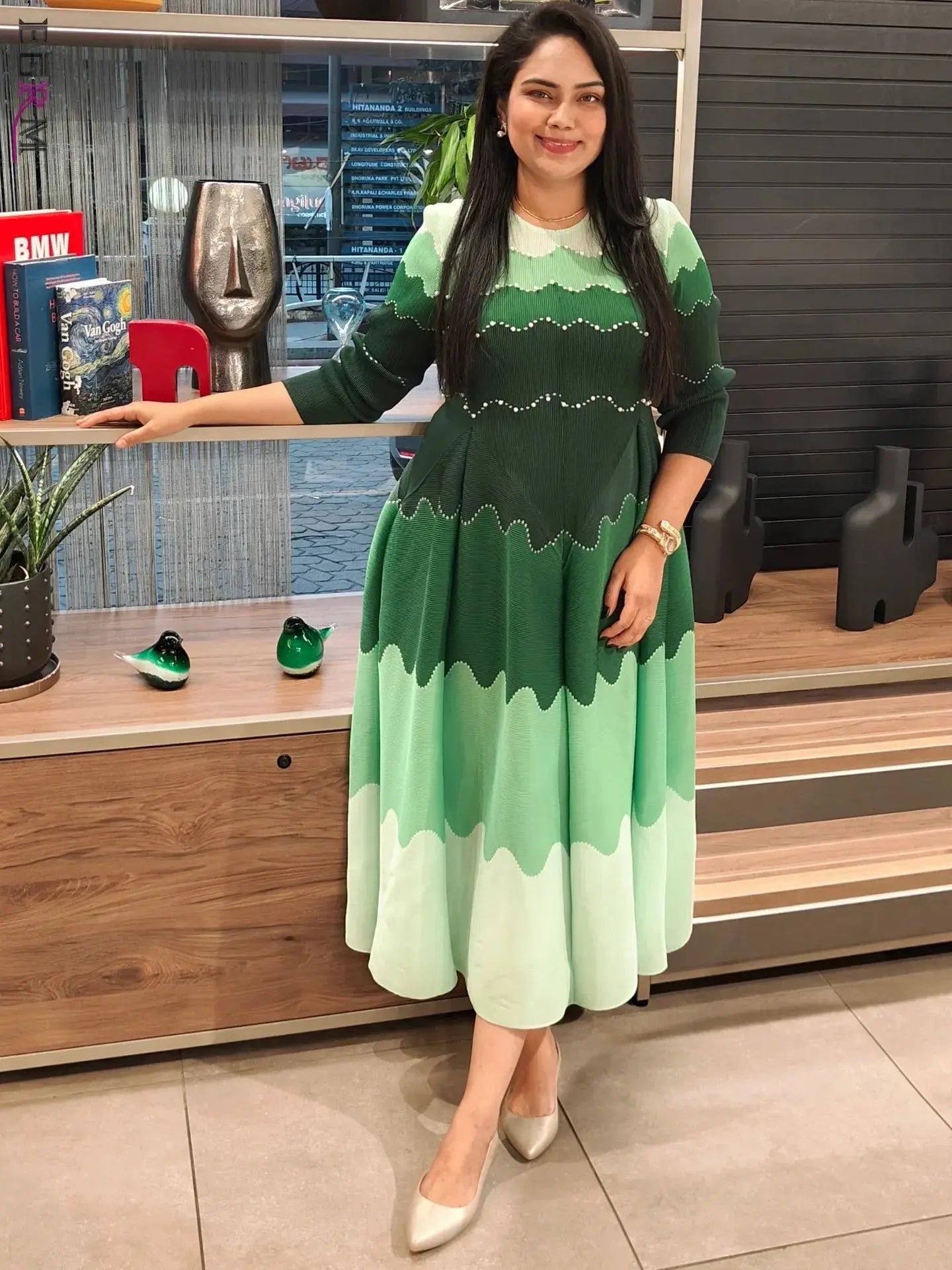 EGRM Elegant Beaded Pleated Maxi Dress – Color Block Long Sleeve Evening Gown