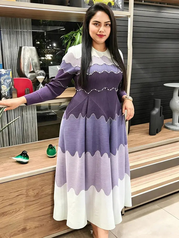 EGRM Elegant Beaded Pleated Maxi Dress – Color Block Long Sleeve Evening Gown