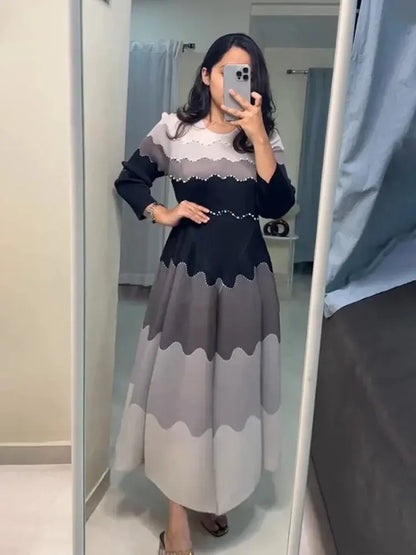 EGRM Elegant Beaded Pleated Maxi Dress – Color Block Long Sleeve Evening Gown