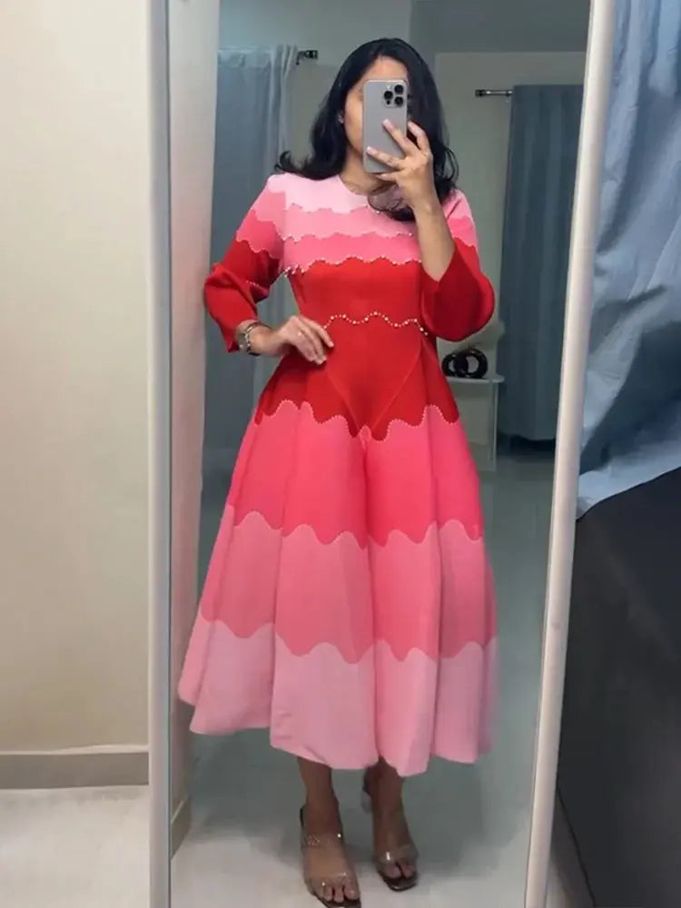 EGRM Elegant Beaded Pleated Maxi Dress – Color Block Long Sleeve Evening Gown