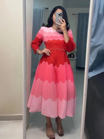 EGRM Elegant Beaded Pleated Maxi Dress – Color Block Long Sleeve Evening Gown