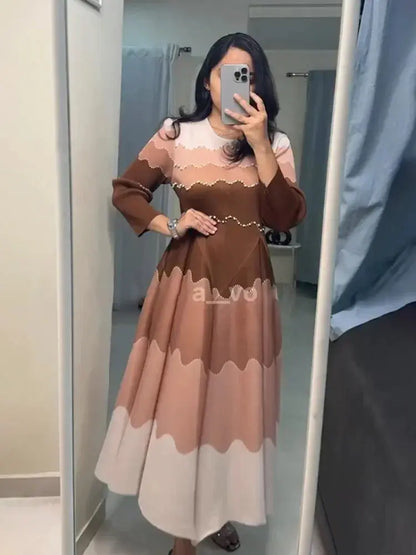 EGRM Elegant Beaded Pleated Maxi Dress – Color Block Long Sleeve Evening Gown