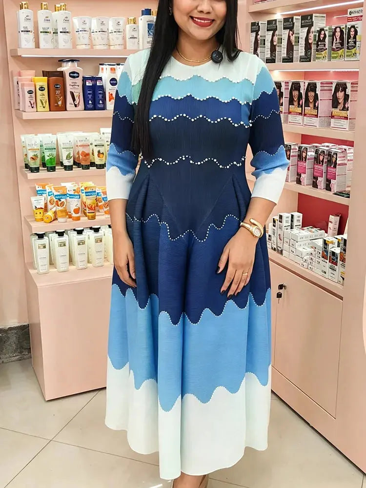 EGRM Elegant Beaded Pleated Maxi Dress – Color Block Long Sleeve Evening Gown