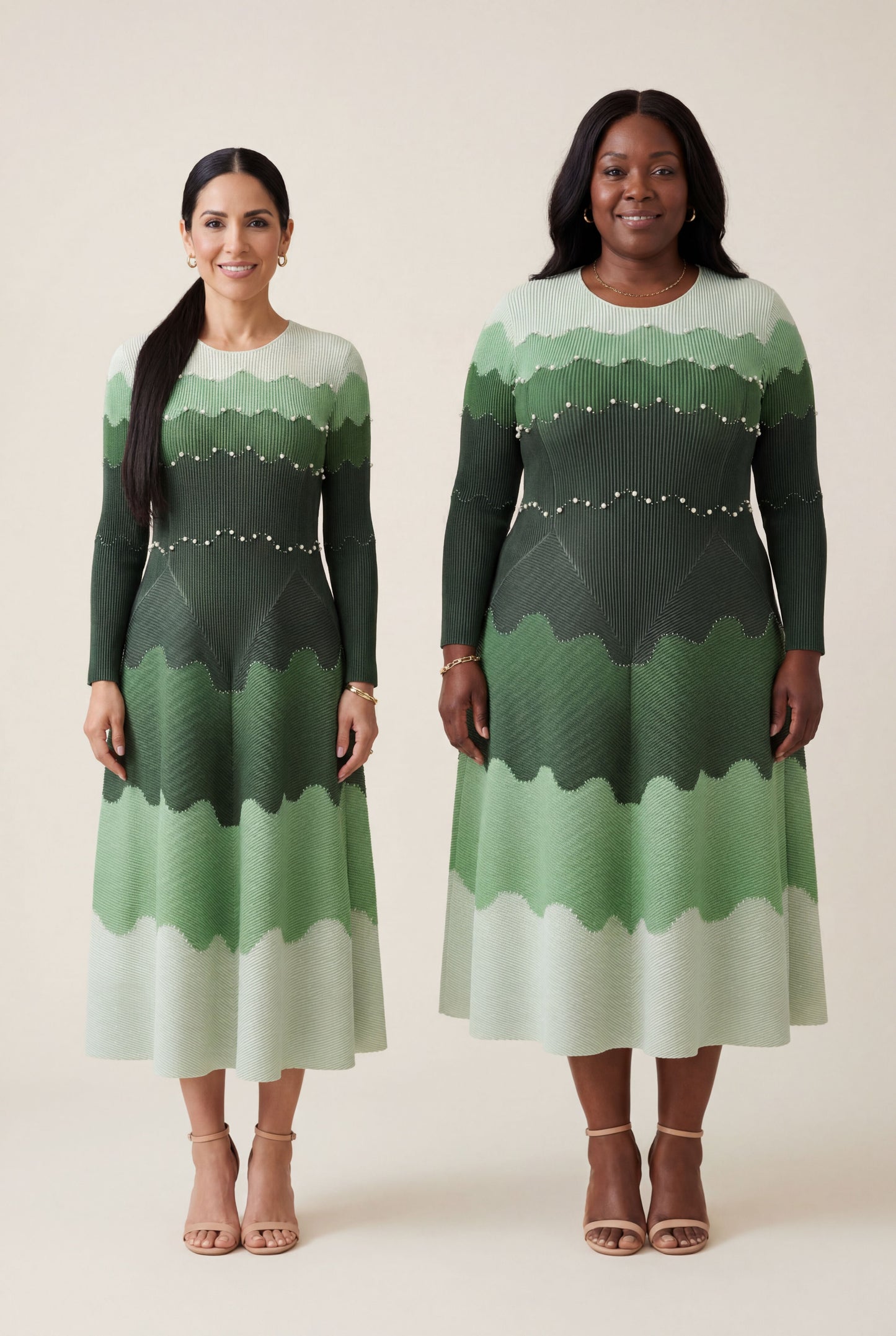 EGRM Elegant Beaded Pleated Maxi Dress – Color Block Long Sleeve Evening Gown