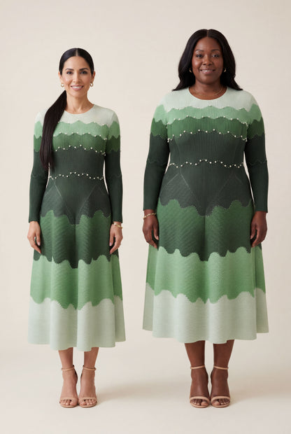 EGRM Elegant Beaded Pleated Maxi Dress – Color Block Long Sleeve Evening Gown