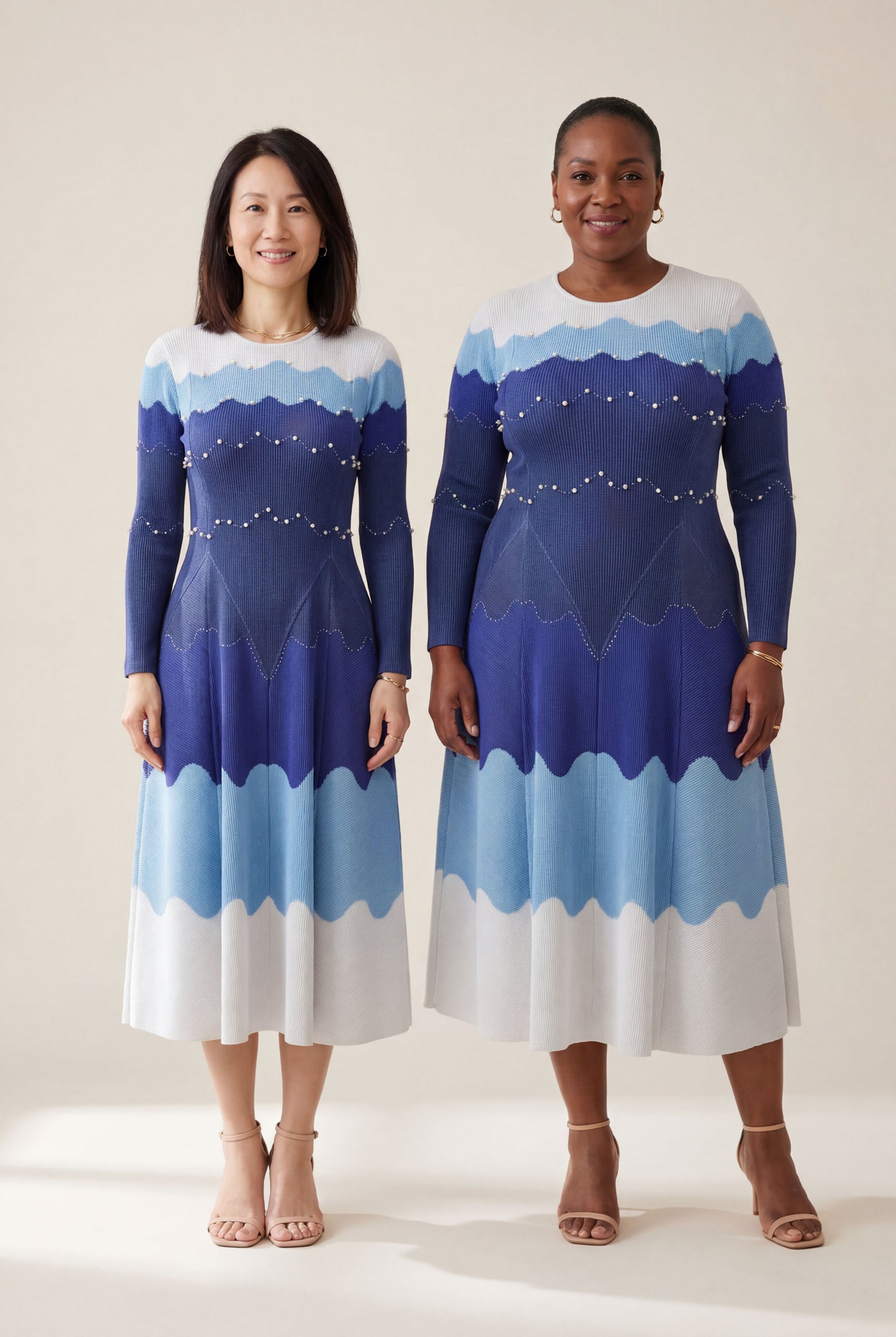EGRM Elegant Beaded Pleated Maxi Dress – Color Block Long Sleeve Evening Gown