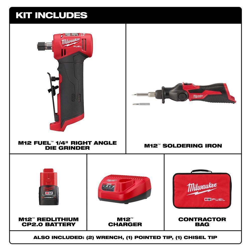 M12 FUEL 12V Lithium-Ion 1/4 in. Cordless Right Angle Die Grinder Kit with M12 Lithium-Ion Cordless Soldering Iron