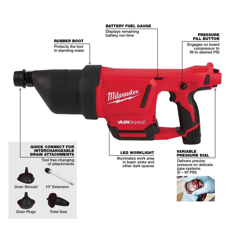 M12 12-Volt Lithium-Ion Cordless Drain Cleaning Airsnake Air Gun Kit with (1) 2.0Ah Battery, Toilet Attachments