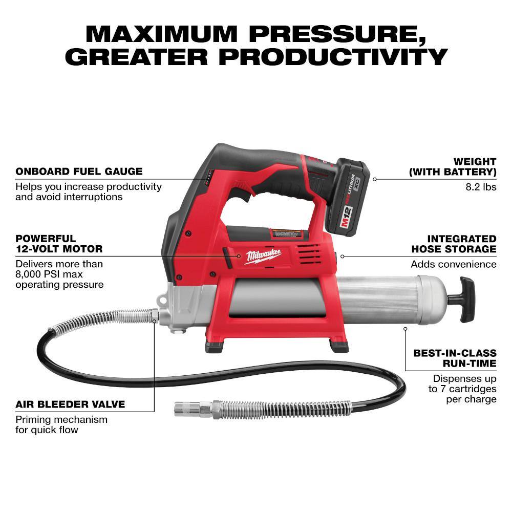 M12 12-Volt Lithium-Ion Cordless Grease Gun Kit with One 3.0 Ah Battery, Charger and Tool Bag with M12 3/8 in. Ratchet