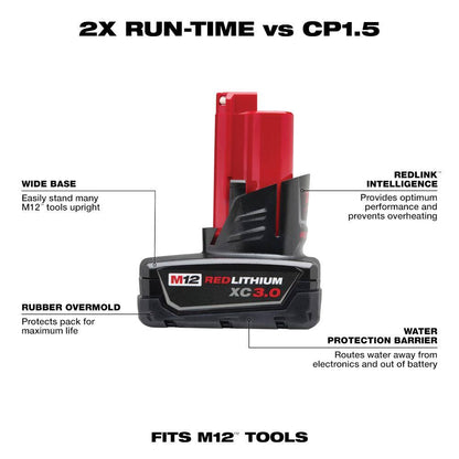 M12 12-Volt Lithium-Ion Cordless Grease Gun Kit with One 3.0 Ah Battery, Charger and Tool Bag with M12 3/8 in. Ratchet