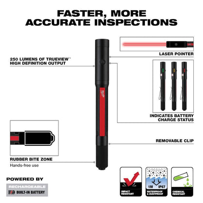 250 Lumens Internal Rechargeable Penlight with Laser