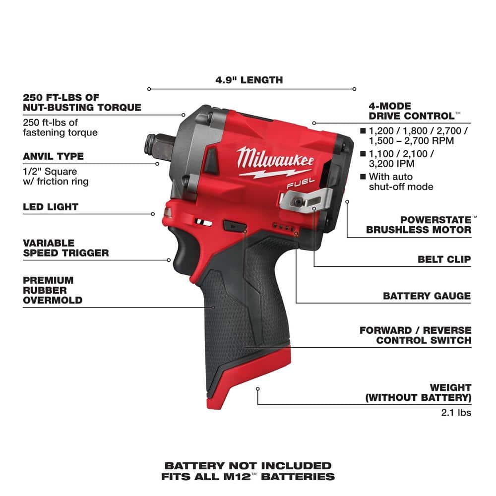 M12 FUEL 12V Lithium-Ion Brushless Cordless Stubby 1/2 in. Impact Wrench (Tool-Only)