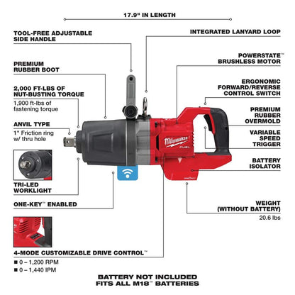 M18 FUEL 18V Lithium-Ion Brushless Cordless 1 in. Impact Wrench with D-Handle (Tool-Only)