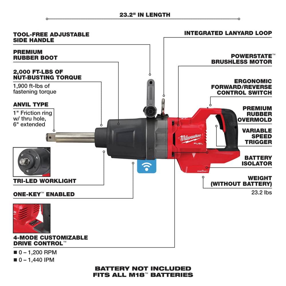 M18 FUEL 18V Lithium Ion Brushless Cordless 1 in. Impact Wrench Extended Reach D Handle and HIGH OUTPUT 12Ah Battery