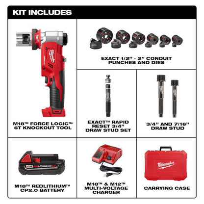 M18 18V Lithium-Ion Cordless FORCE LOGIC 6 Ton Knockout Tool 1/2 in. to 2 in. Kit w/(1) 2.0 Ah Battery, Die Set