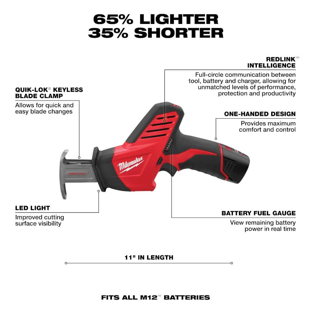 M12 12V Lithium-Ion HACKZALL Cordless Reciprocating Saw Kit with One 1.5Ah Battery, Charger and Tool Bag