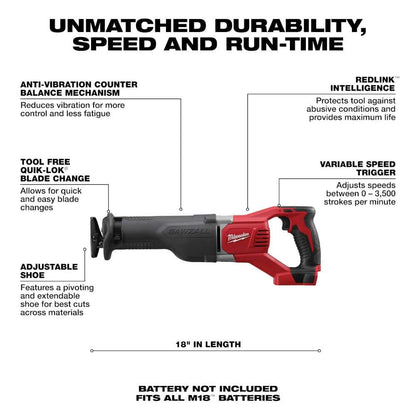 M18 18V Lithium-Ion Cordless SAWZALL Reciprocating Saw with (1) 5.0 Ah and (1) 2.0 Ah Battery and Charger